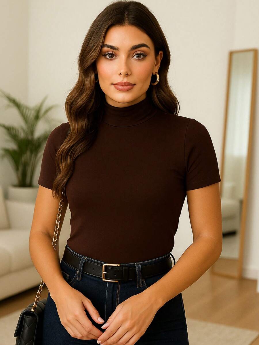Women's High Neck Suplex Blouse, Comfortable, Basic, Casual, Everyday - Rust Brown - View 1