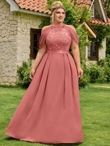 Plus Size Women's Sequin Floral Lace Hollow Shoulder Chiffon Formal Party Dress, Suitable For Prom, Graduation, Wedding, Birthday Party In Summer - Dusty Pink - View 6