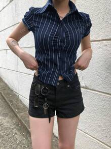 Camisa corta de verano para mujer con diseño de rayas plisado en el pecho, cierre completo de un solo botonadura, solapa y manga corta, estilo casual Y2K de los 90 y elegante, escote sexy