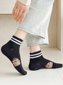 5 Pairs Black And White Women's Socks, Cute Cartoon Dog Bear Letter Jacquard Women's Ankle Short Socks, Casual Daily Wear