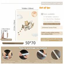 1件/3件/套婴儿房装饰画。动物历险记婴儿墙面艺术套装 - 水彩动物印花、热气球印花、猫咪飞机印花、月亮和云彩背景、柔软彩旗细节、婴儿房墙面装饰