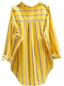 Women's Striped Color Block Button Asymmetric Hem Long Sleeve Shirt Blouse - Day To Night Versatile Top