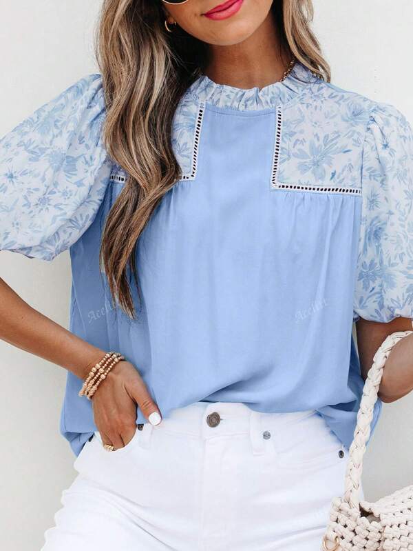 Acelitt Summer Sky Blue Lace Inlaid Flower Print Bubble Sleeve Patch Loose Shirt