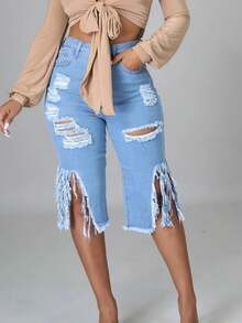 Women High Waist Ripped Denim Shorts Stretch Fringe Distressed Casual Summer Fashion Must Have - light  blue - View 5