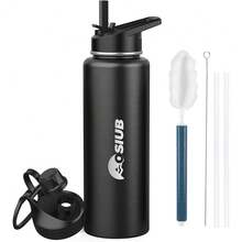 New-88 Insulated Water Bottle 40 Oz, Triple Wall Vacuum Stainls Steel(Cold For 48 Hrs),Le Proof & -, Water Bottle  Drink-Through Lid & Flip Straw For Sports & Travel, Black - 黑色 40 盎司 - 查看 1