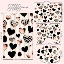 1/4pcs Heart Themed Black & Gold Bathroom Curtain Set, Including Bath Mat, U-Shaped Toilet Lid Cover, Waterproof Shower Curtain, Stylish Bathroom Decor, Modern Bathroom Partition Curtain, No Drilling Required, Washable Polyester Bathroom Accessories Back To School