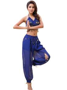2 Pieces Prom Party Line Dance Costume For Women Belly Dance With Coin Embellished Open-Hole Loose Pants (Includes Breast Pads)