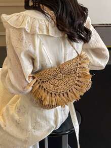 Bolso cruzado de macramé hecho a mano con borlas para mujer, bolso vintage, bolso de viaje, bolso para teléfono, bolso femenino, bolso de hombro, bolsos de paja para el verano hechos a mano con borlas, bolsos de playa 2025 de rafia y ratán trenzado, bolsos de hombro cruzados de vacaciones, embragues