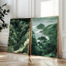 Conjunto de 2 pôsteres de parede de arte japonesa Zen Green Forest Mountain sem moldura, impressão em tela, minimalista, Japandi Wabi Sabi, pintura de paisagem abstrata para apartamento, sala de estar, quarto, decoração de casa moderna