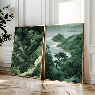 Set Of 2 Unframed Zen Green Forest Mountain Japanese Art Wall Poster Canvas Print Minimalist Japandi Wabi Sabi Abstract Landscape Painting For Apartment,Living Room,Bedroom,Modern Home Decoration