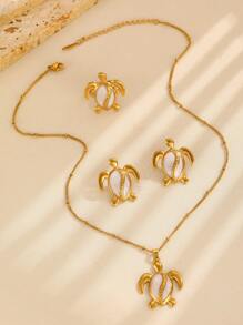 Set de 3 piezas con colgante, pendientes y anillo con estampado de tortuga marina, en estilo de playa, accesorios de moda para mujer, apropiado para la playa, vacaciones, fiesta y uso diario
