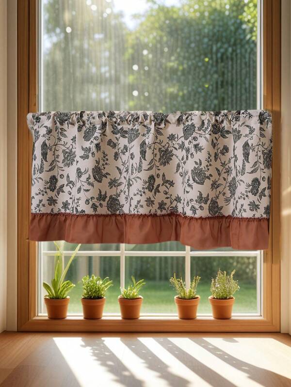 1 pieza Cortina de separación con bolsillo para barra con estampado floral de peonía de lino, cortina para ventana pequeña