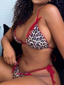 Alexandranx 夏季豹纹蝴蝶结前吊带比基尼女式泳衣套装 - 彩色 - 查看 7