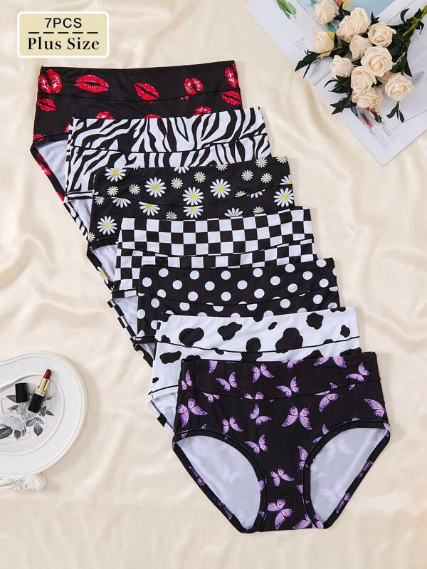 7pcs Classic Black & White Minimalist Design Comfortable Plus Size Women High-Waist Panties