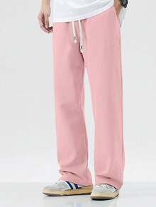 男士抽绳腰口袋休闲直筒针织运动裤，春秋季 - 粉色 - 查看 4