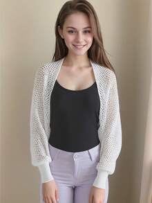 1 件女士新款短款冰丝披肩、空调袖披肩开衫、针织连衣裙罩衫 - 米色 - 查看 10