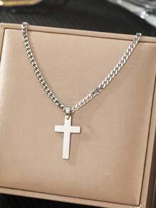 1pc Stainless Steel Men's Gift Cross Pendant Necklace With Matte Chain, Suitable For Daily Wear, Jewelry Gift