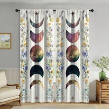 2pcs Blackout Curtains - Celestial Floral Design With Colorful Nebula Moon Phase And Stars, Machine Washable Polyester Curtains For Living Room, Bedroom, Bathroom - Modern Watercolor Cosmic Pattern, All Season
