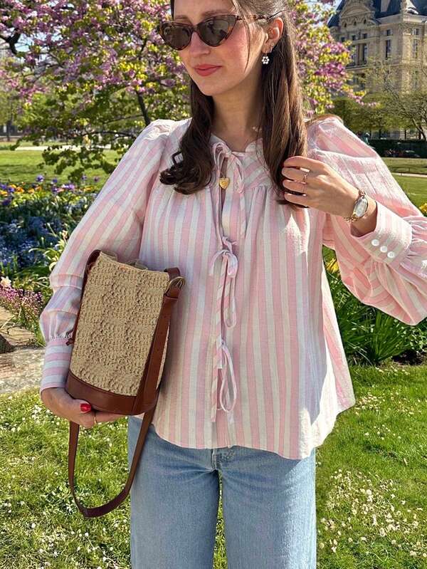 Striped Print Twist Pleated Edge Casual Long Sleeve Shirt