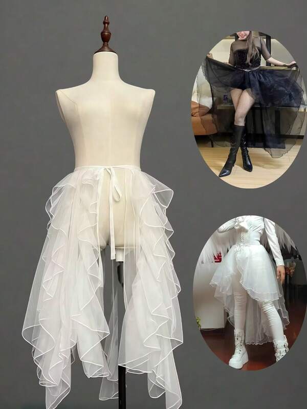 1pc Asymmetrical White/Black Tailcoat Dress, Asymmetrical Fish Tail Skirt, Layered Tulle Dress, Flowy Singing Dress, Cover-Up Dress, Crystal Chiffon Maxi Skirt, One-Piece Apron, Ruffled Multilayer Trailing Dress Suitable For Wedding, Banquet, Performance, Party, Bride, Bridesmaid, Stage Show, Cosplay, Travel Photo Prop, Dancing, Halloween Costume Fall Clothes For Women