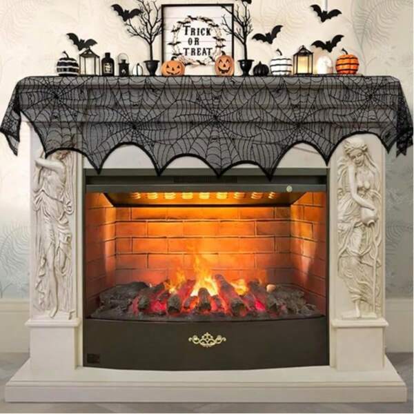 Halloween Fireplace Decorations, Fireplace Mantle Scarf Cover, Black Lace Spider Web For Door, Window And Flowerbeds Decoration, Halloween Party Supplies