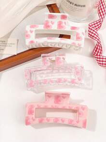 1/3 件情人节粉色爱心热转印发夹，简约方形发夹，甜美酷炫可爱，街头百搭，日常盘发发饰时尚发夹 - 彩色 - 查看 1