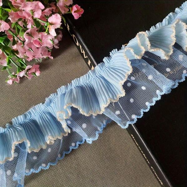 1 Yarda Ribete de tul con volantes de doble capa de color azul para coser en vestidos largos, faldas, collares, mangas y accesorios para mascotas