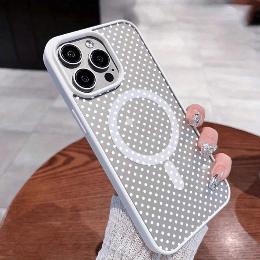 Fashion Transparent Cute White Dot Pattern Magnetic Girl Mobile Phone Case Suitable For IPhone 16ProMax/16Plus/16Pro/16, IPhone 15/14/13/12/11 Wireless Charging Shockproof Lens Protection Magsafe Mobile Phone Case, Gift - White - View 1