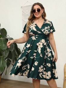 Nemidor Plus Size Floral Print V-Neck Wrap Front Casual Short Sleeve Dress - Dark Green - View 4