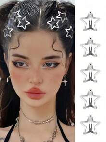 20/50pcs Flash Y2K Girls Silver Star Hairpins, Simple And Fashionable Girls Hair Accessories Cool Five-Pointed Star Hairpin Headdress, Suitable For Daily Use, School And Outdoor Play Y2K Silver Star Hairpin For Girls With Star Metal Clasp, Simple BB Hairpin For Women, Gift, For Ramadan, Ramadhany2k Millennium Style Bright Silver Five-Pointed Star Girl Side Bangs Clip Girls All-Match Hairpin Star Hairpin Headdress, Claw Clips, Clips For Hair, Hair Slide, Hair Claws - Silver - View 13