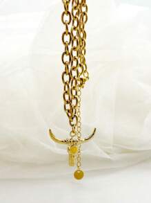 1pc 18K Gold Plated Bull Head Pendant Necklace, Stainless Steel Western Style Chain Necklace Fashion Jewelry Gift For Women