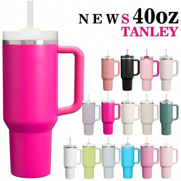 1 stuk, compatibel met Cup 40 oz roestvrijstalen beker met handvat en rietje, 40 oz grote capaciteit dubbelwandige vacuümisolatie thermische warme en koude dranken fles waterfles voor thuis, kantoor en buitenactiviteiten kamperen