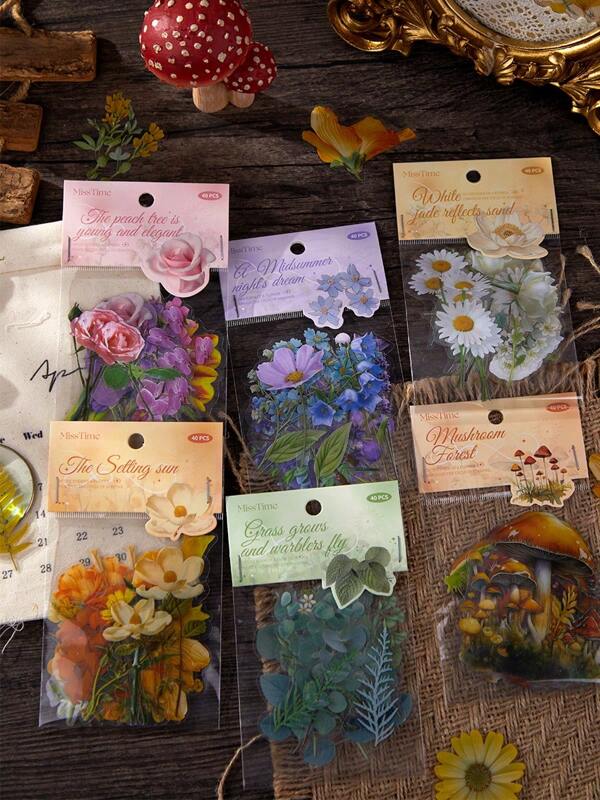 1 paquet de 40 pièces d'autocollants de décoration vintage de fleurs, de marguerites et de roses pour le scrapbooking, le journal intime, la papeterie scolaire et la rentrée des classes