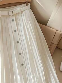 Women's Pleated A-Line Midi Skirt With Belt, Versatile For All Seasons - White - View 3