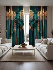 2pcs Elegant Green Polyester Printed Curtains, Modern All-Season Design, 100% Polyester, Light-Filtering, With Rod Pocket, Easy Hanging, Suitable For Kitchen, Laundry Room, Bedroom, Study, Living Room - View 5