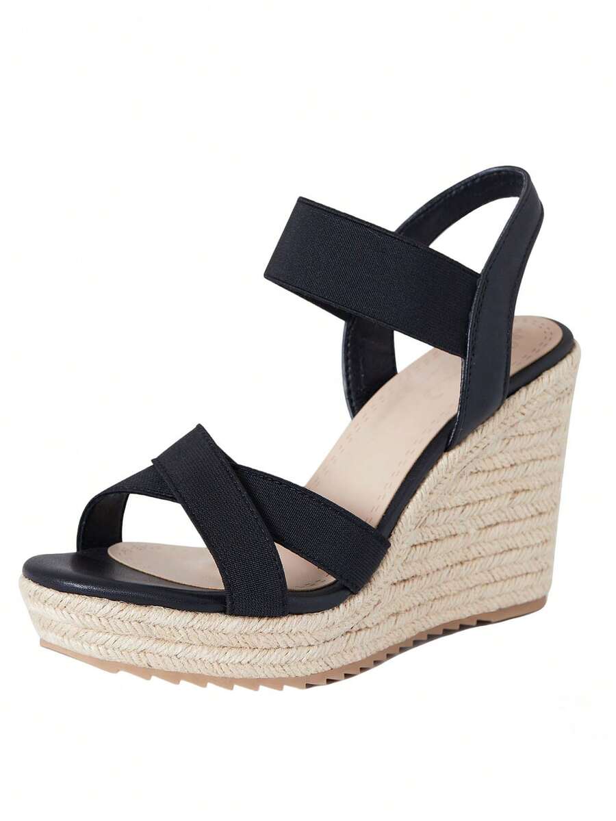 Comfort Women's Espadrilles Sandals Open Toe Platform Heel Elastic Ankle Strap Summer Sandals Vacation Beach Slip On Sandals For Women - 黑色 - 查看 1