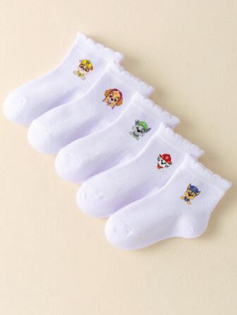 5 Pairs Of White Kids Love Cartoon Children's Fun Doggy Team Happy Puppy Print Socks Comfortable And Breathable, Summer, Spring And Autumn Can Wear Boys And Girls Socks