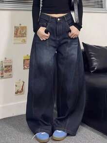 Women's Mid-Rise, Dropped Crotch, Loose Wide-Leg Jeans, Non-Stretch Vintage Washed Trousers, Elegant Casual Streetwear, Suitable For Daily, Party, Airport, All Seasons - Blue - View 3