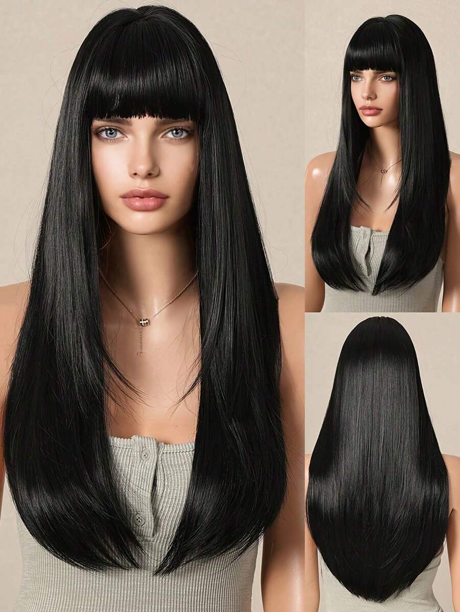 55.88cm Long Straight Hair Wig With Bangs Synthetic Rose Net Straight Hair Wig For Ladies Suitable For Everyday Party Halloween Costumes