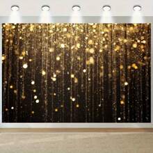 A Shiny Golden Curtain With A Black Background Paired With Golden Rain, Sparkling Lights And Sparks, A Multifunctional Polyester Background Fabric Suitable For Luxury Parties And Award Ceremonies, Holiday Party Banners, No Need For Power.