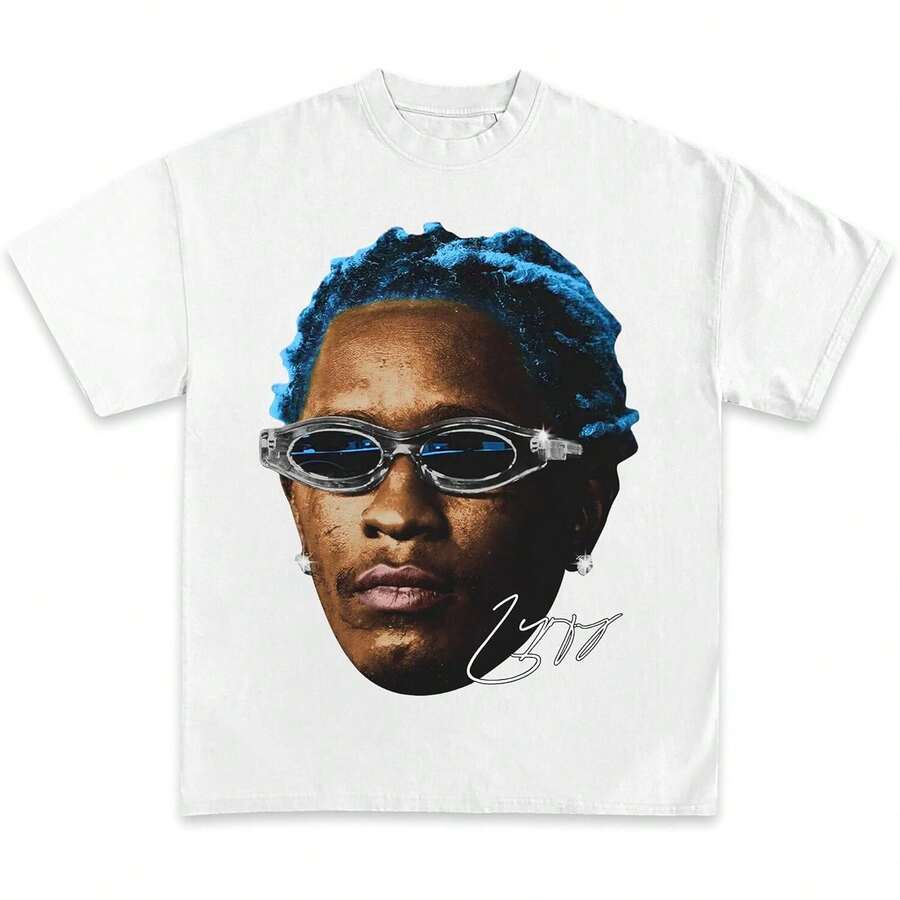 Vintage Rapper Face Graphic Tee – Blue Hair Unisex Cotton T-Shirt - White - View 1
