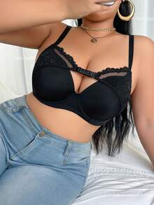 1pc Plus Size Women Solid Color Lace Padded Underwire Bra - Black - View 6