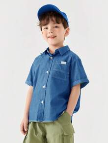mini bala 小男孩仿牛仔衬衫 - 柔软凉爽短袖上衣，亲肤夏季 - 牛仔深藍 - 查看 2
