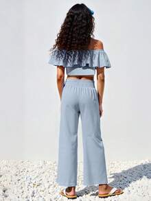 2 piezas Conjunto de verano para niñas, Blusa corta con hombros descubiertos y volantes + Pantalones anchos de cintura alta, Conjunto casual elegante y dulce para niños - Celeste - Ver 5
