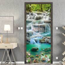 2 件瀑布风景即撕即贴壁纸，30.31 X 78.74 英寸，风景动物印花，适用于卧室、客厅、浴室的室内门装饰 - 彩色 - 查看 3