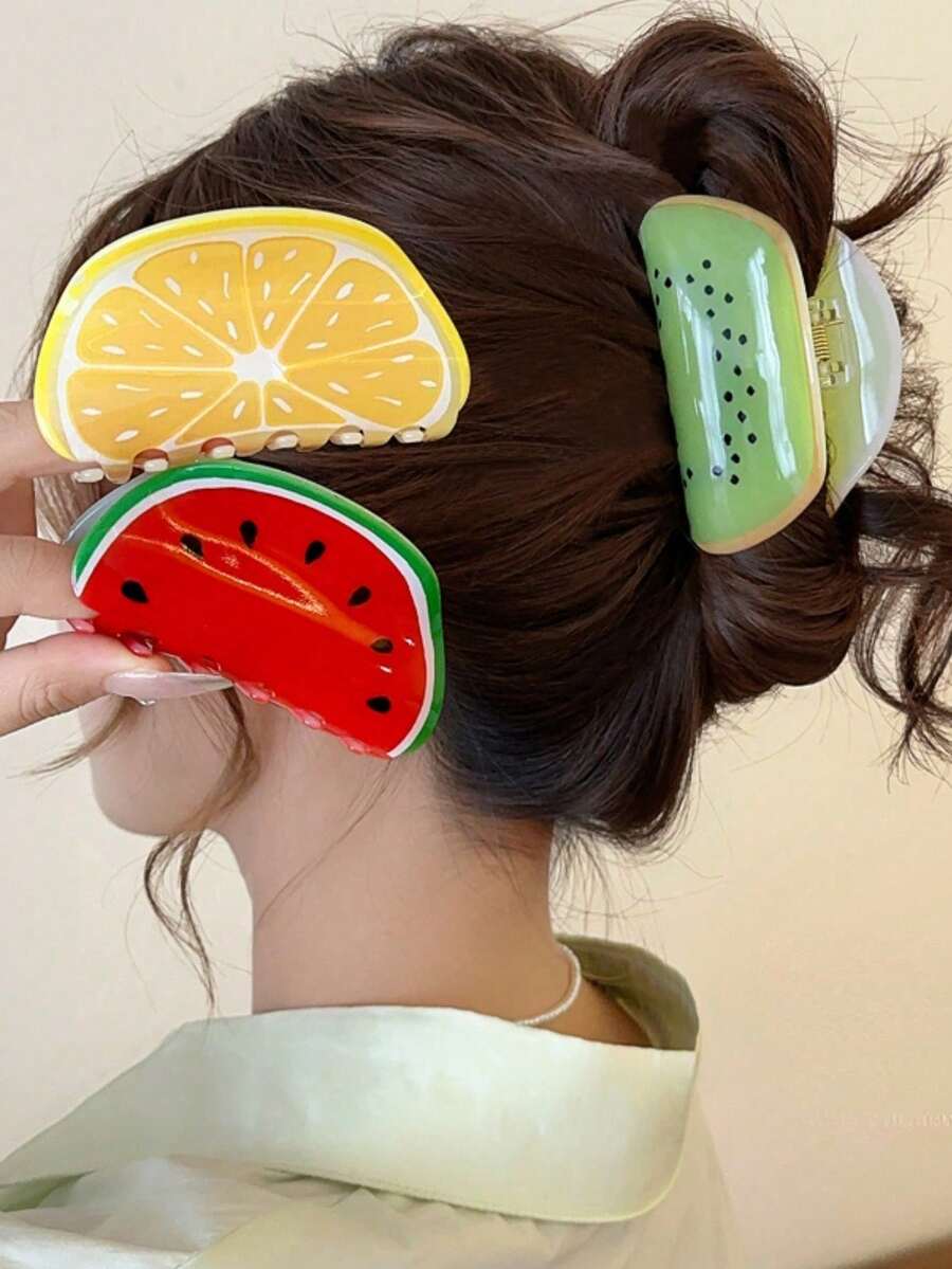 1pc Women Elegant Acrylic Fruit Lemon Watermelon Kiwi Hair Claw Clip, Large Size Non-Slip Fashion Hair Accessory, Suitable For Daily Use And As Gift, Hair Slide, Hair Barrettes