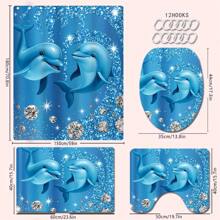 1/4 Stück Blauer Delfin & Strass Themen Badezimmer Set, beinhaltet Duschvorhang, Badematte, U-förmiger Toilettendeckel, wasserdicht, modernes und stilvolles Badezimmer Dekor, ohne Bohren, maschinenwaschbar Polyester Rückseite Für den Schulanfang