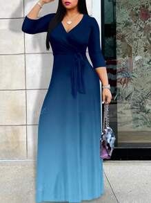 Vestido largo para mujer de talla grande, con escote profundo en V, elegante vestido de manga corta, de tela de punto, con estampado colocado, conjunto de vestir de verano para mujer