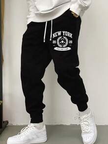 Plus Size Men's Drawstring Waist Pockets Tapered Leg Casual Sweatpants, Autumn/Winter - Black - View 1