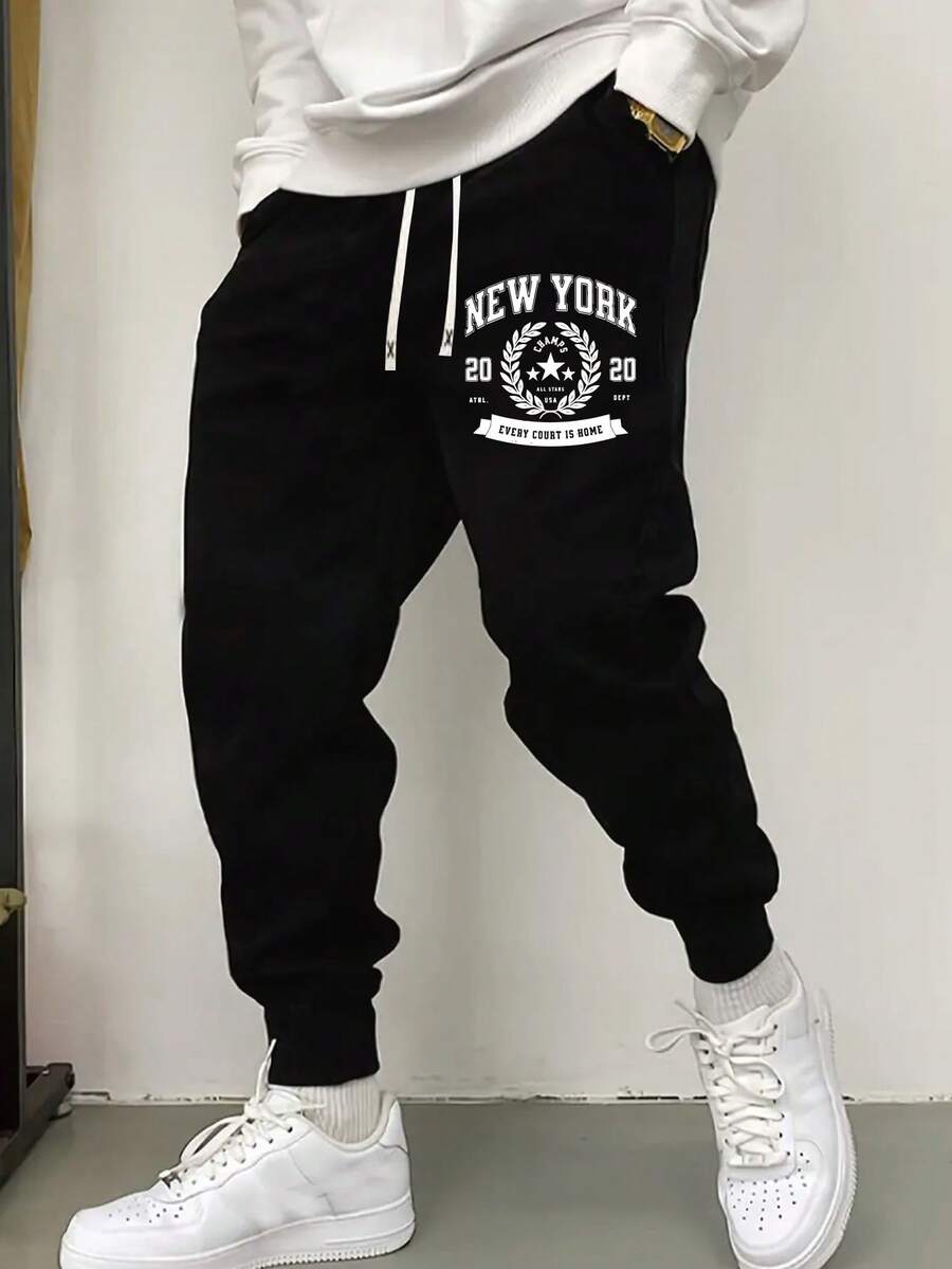 Plus Size Men's Drawstring Waist Pockets Tapered Leg Casual Sweatpants, Autumn/Winter - Black - View 1